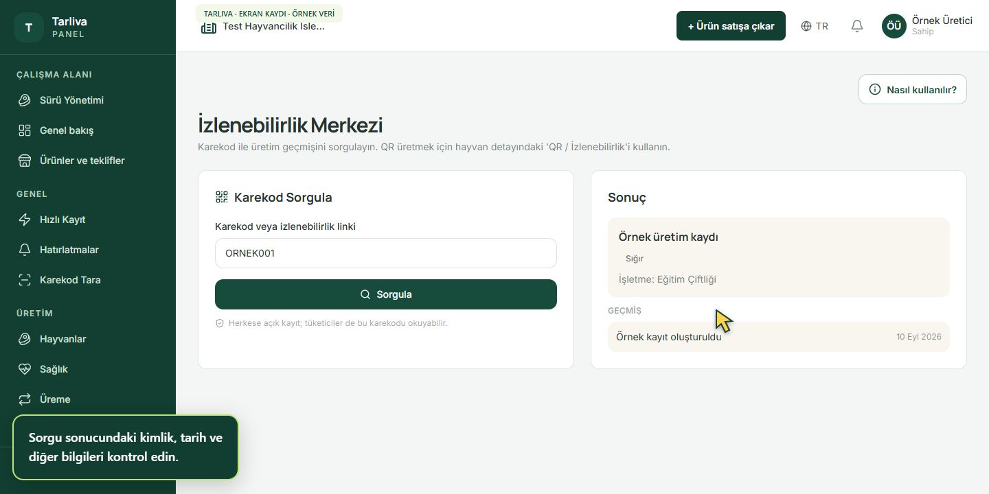 İzlenebilirlik sorgusu ekranı
