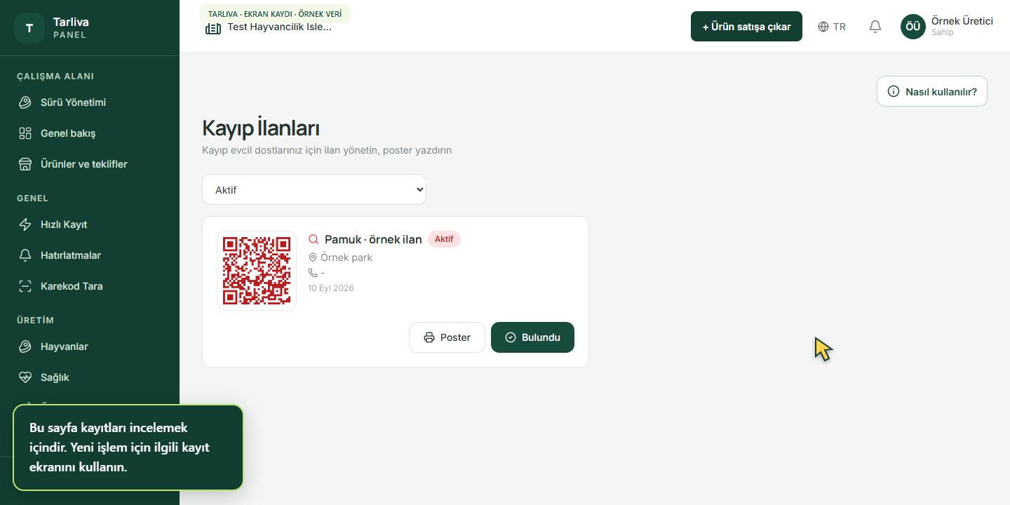 Kayıp ilanlarını takip ekranı